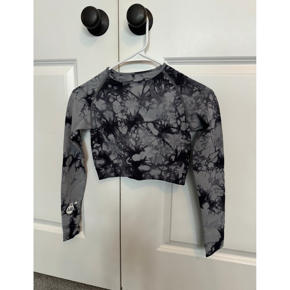 Muscle Nation Womens Gray Black Tie Dye Long Sleeve Crop Athletic Top Small